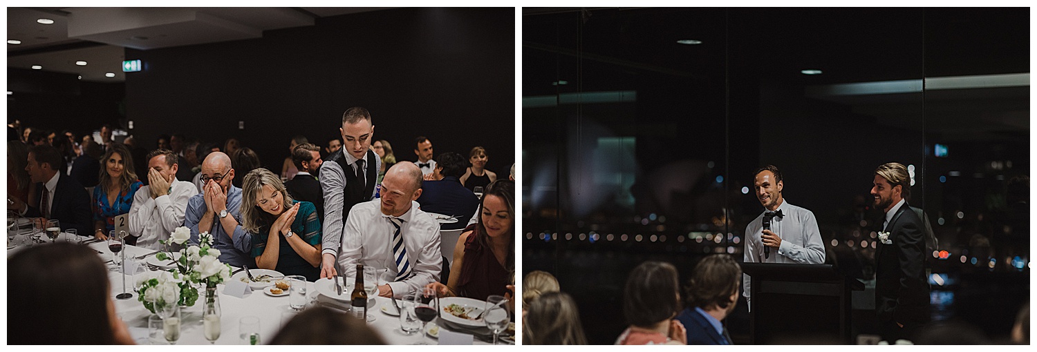 Groomsmen get the reception laughing at the MCA