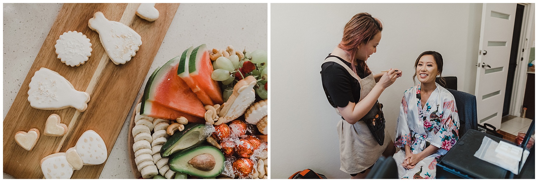 Wedding prep snacks and Bride getting makeup done