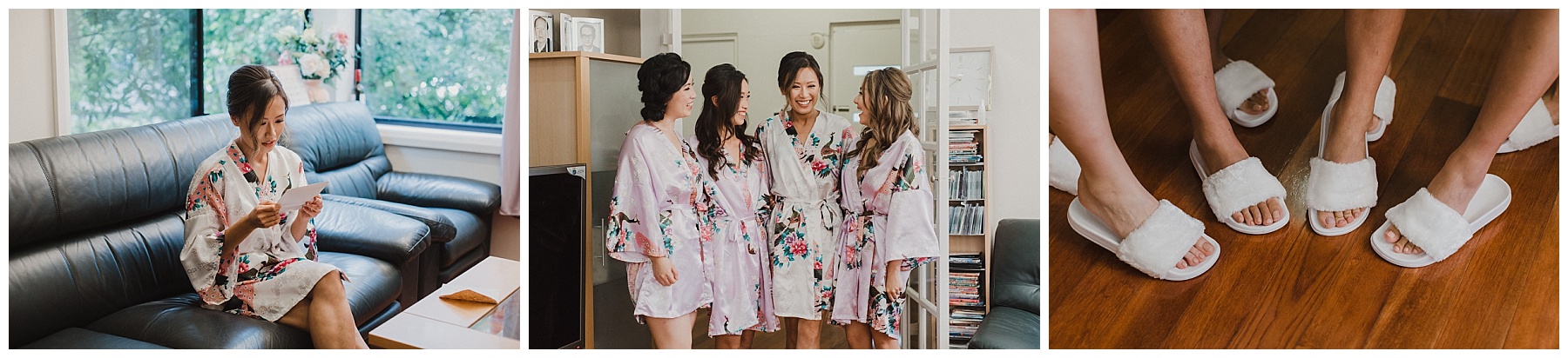 Bride and Bridesmaids posing in their robes and slippers