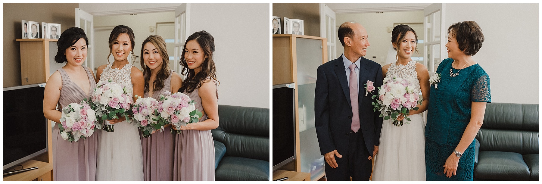 Bride and Bridesmaids before the wedding, and the Bride with her parents