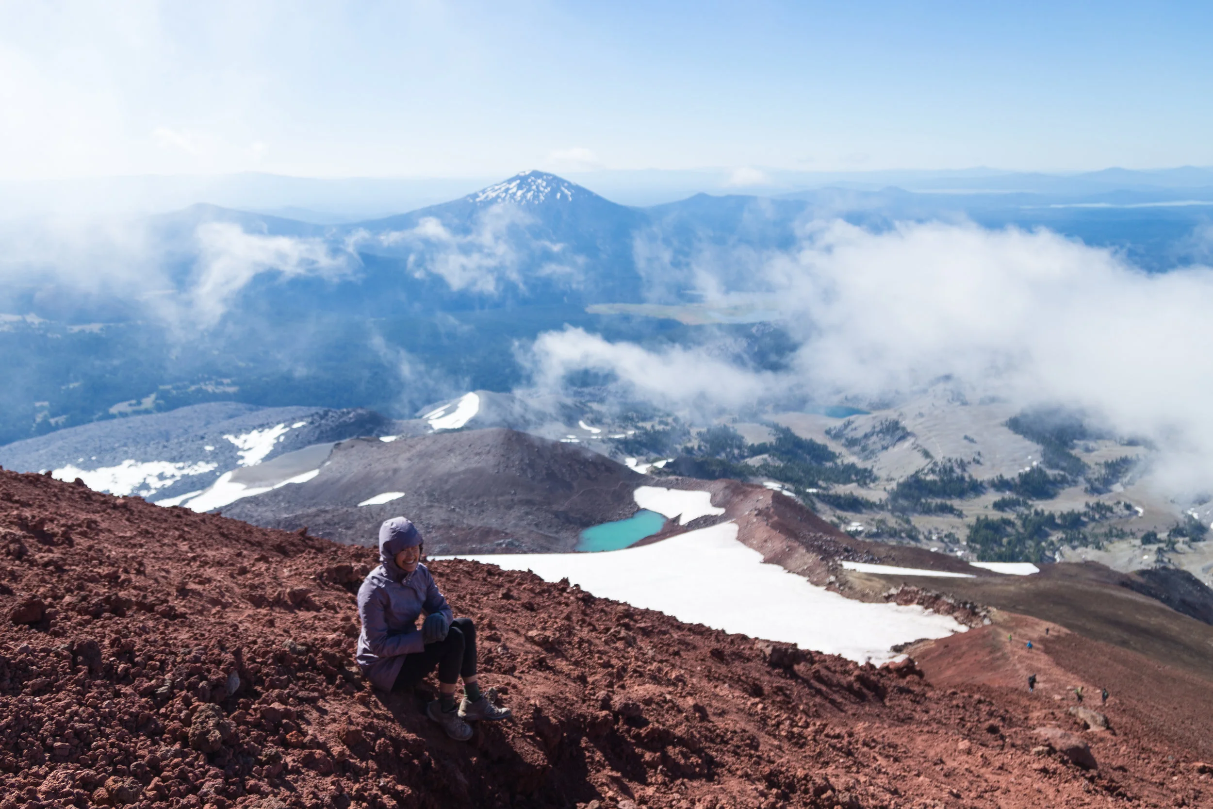 Sitting near Lewis Glacier, looking back on the track and the Three Sisters Wilderness