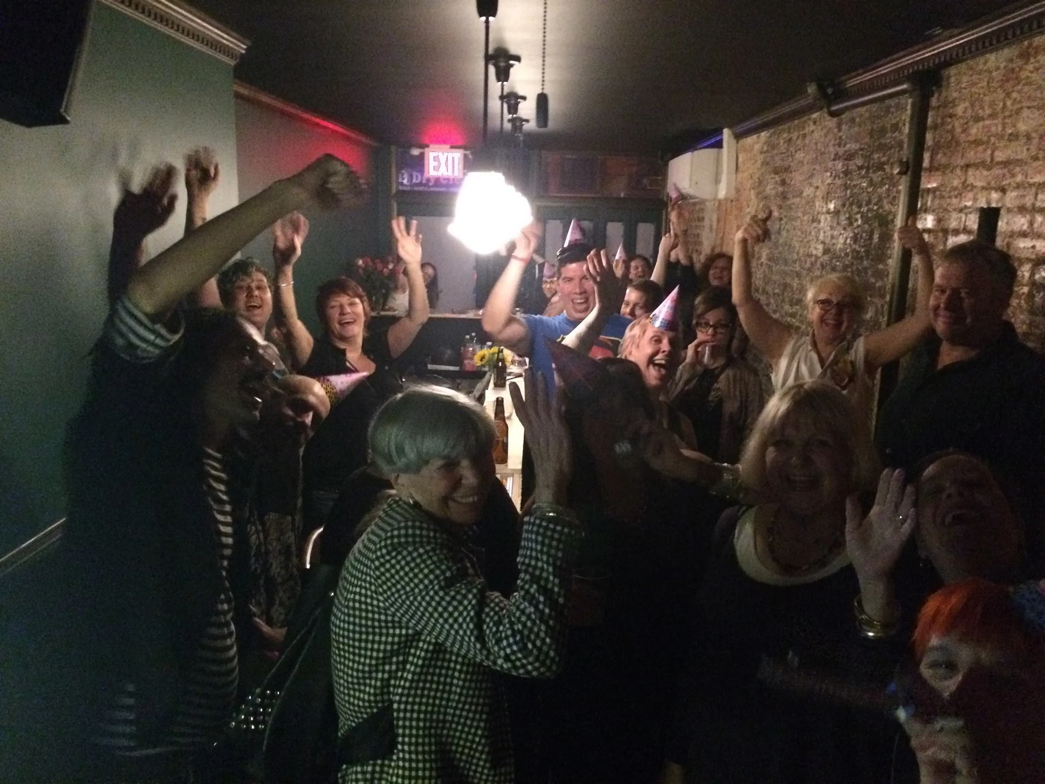 A group shot on my birthday, May 27 2016. Note no bar, no backbar, not much of anything except FRIENDS! And Joan!