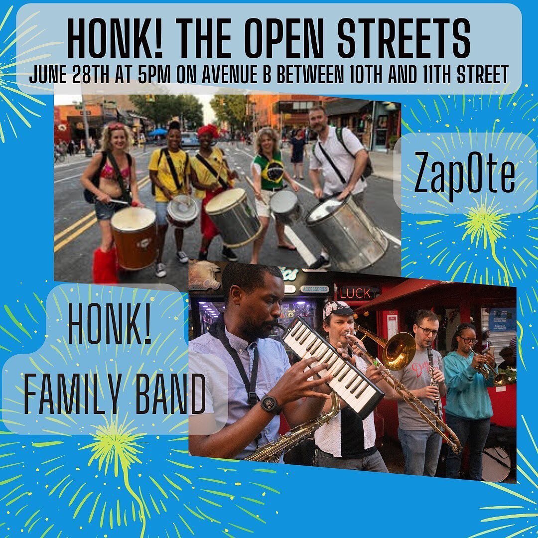 Join us today for dancing in the streets AND inside! From 5-8 HONK NYC! presents live bands &amp; dancers outside, 9-close it&rsquo;s Dark Water Tuesdays inside! @fathervincent @wordygurl @dancingdivas_17 @zapotenyc @djparadoxnyc @honknyc #avenueb #e