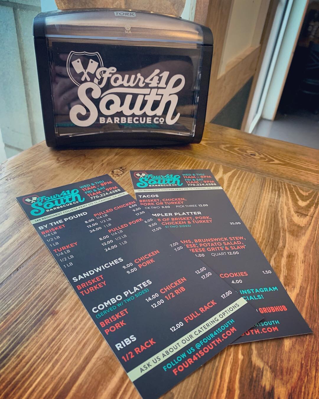 Had a blast working on these new menus for the folks at @four41south ~ Awesome people and even better food! 🤤
&bull;
&bull;
&bull;
#bbq #foodtruck #catering #bbqrestaurant #bbqpit #pitmaster #smoker #bacon #bbqtruck #bbqfoodtruck #atlanta #atlantafo