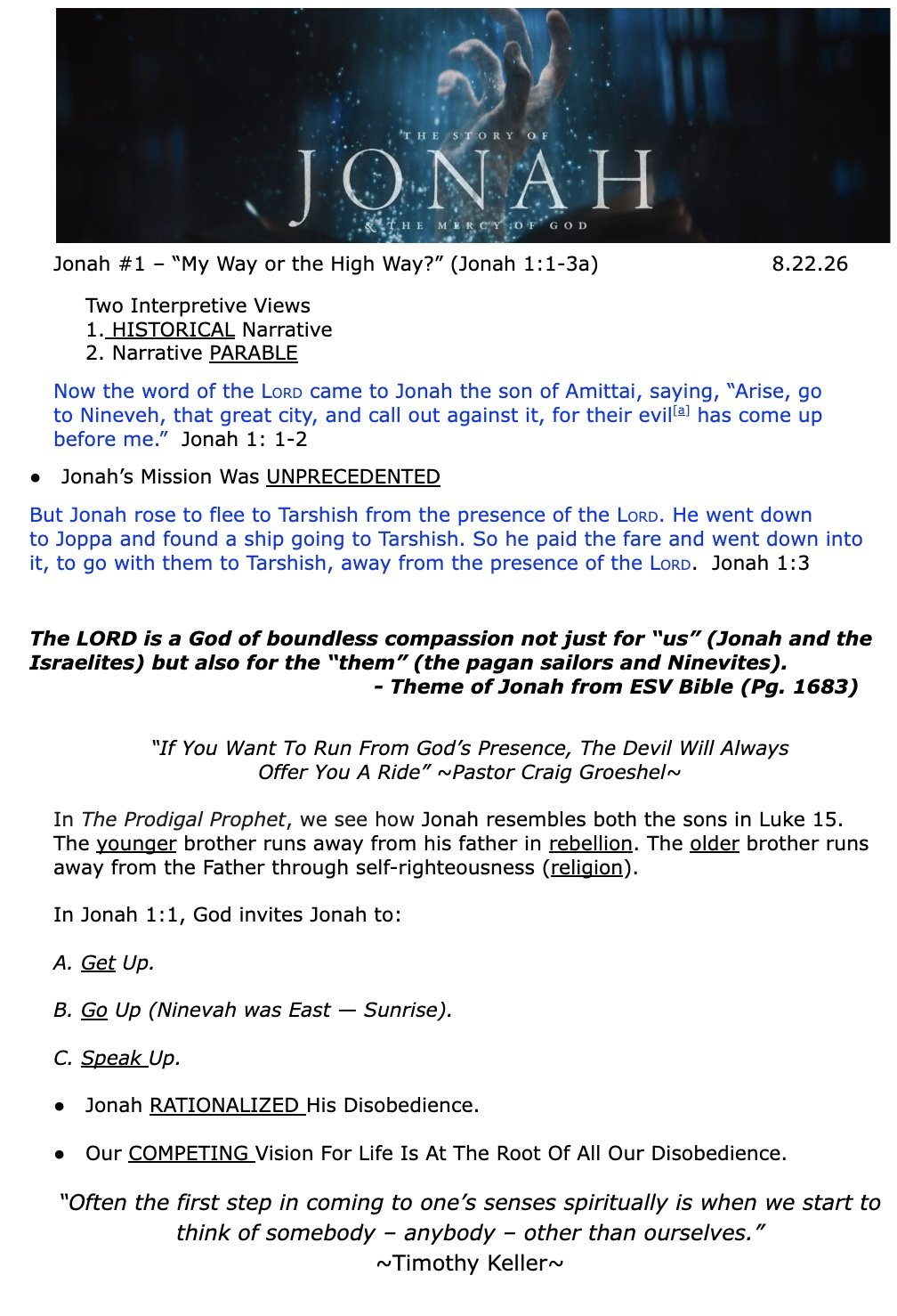 My Way or the Highway? | Jonah 1:1–3 | Saturday Sermon Notes &amp; Audio