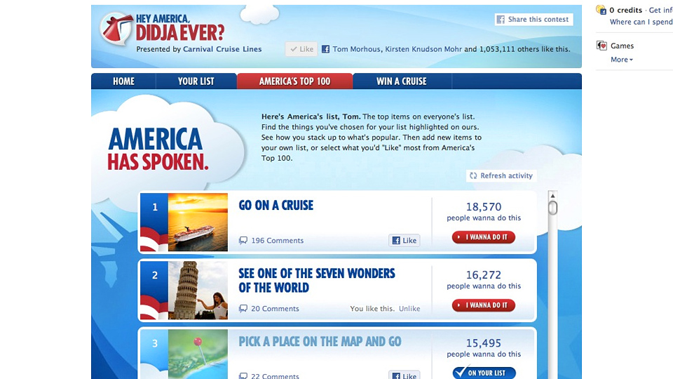  Hey America, Didja Ever? ad campaign Facebook app for Carnival Cruise Lines by Tom Morhous and Arnold Worldwide 
