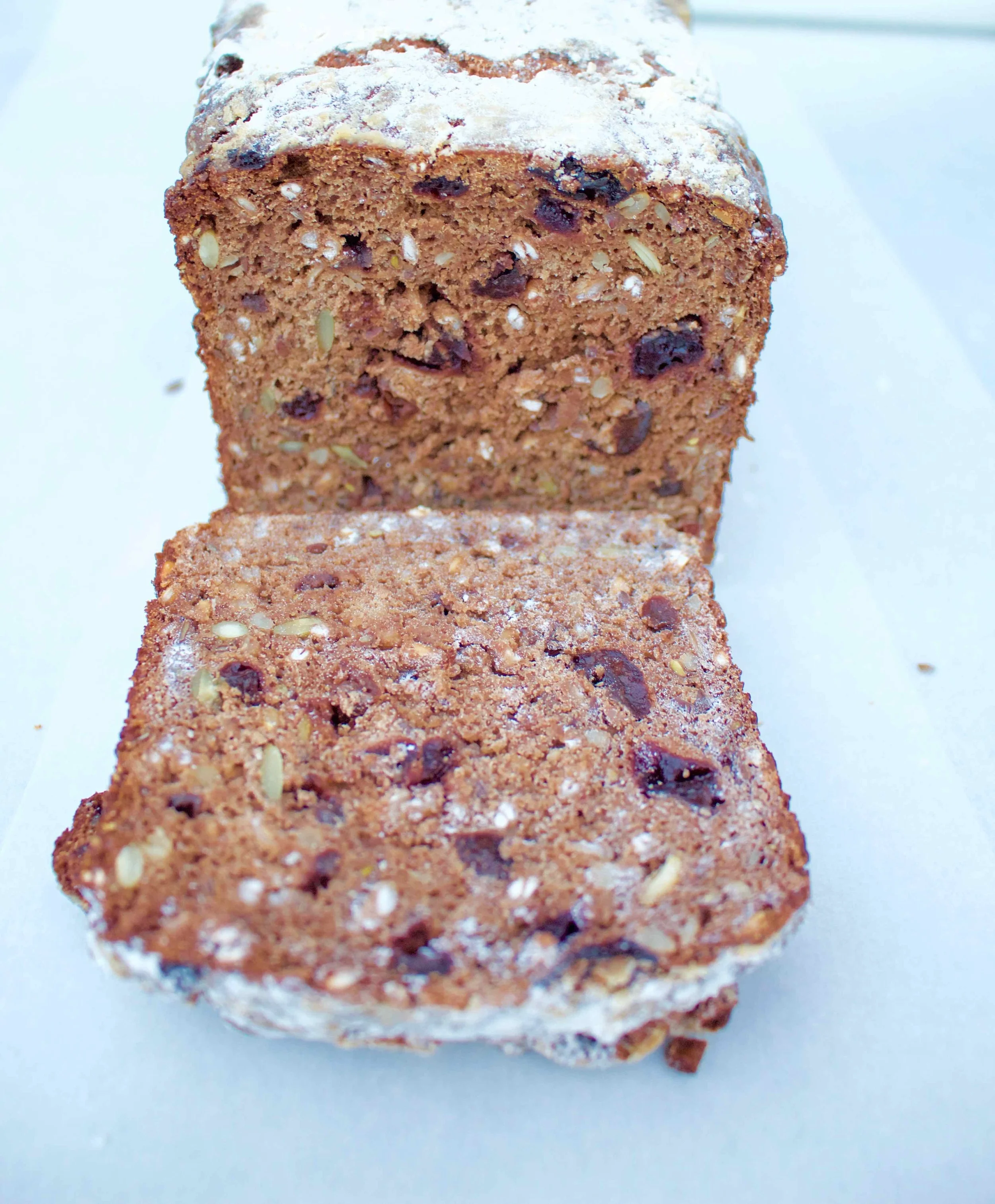 dark Danish rye loaf w/ pepitas, sunflower seeds, dried sour cherries & whole spelt grains