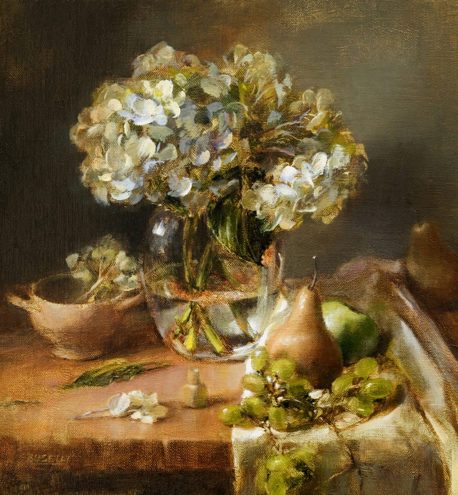   HYDRANGEA WITH PEARS &amp; GRAPES   oil on linen | 16" x 15" 