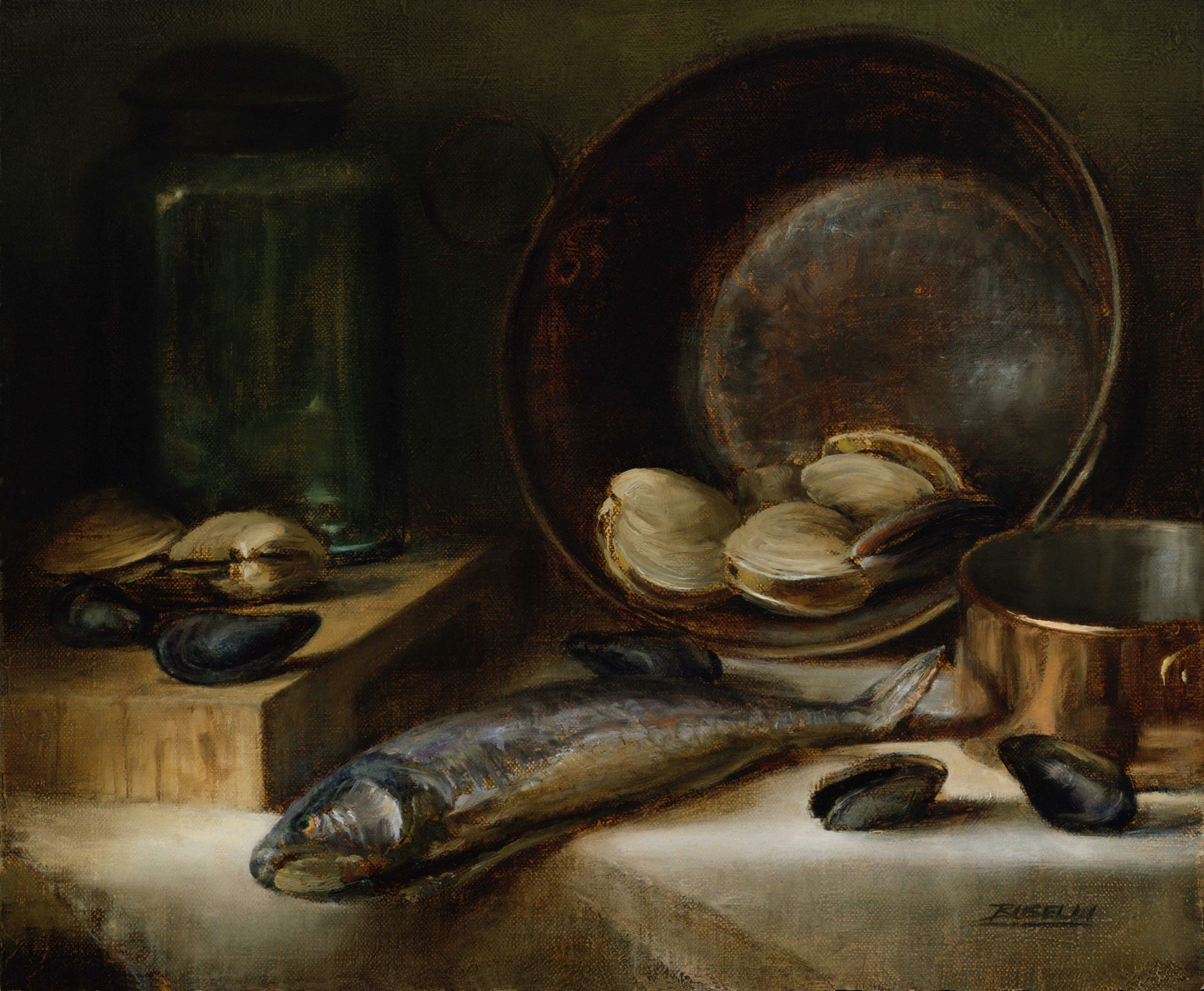   TROUT &amp; SHELLFISH   oil on linen 15" x 18"   
