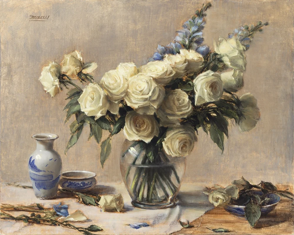 WHITE ROSES & DELPHINIUMS oil on linen | 24" x 30"