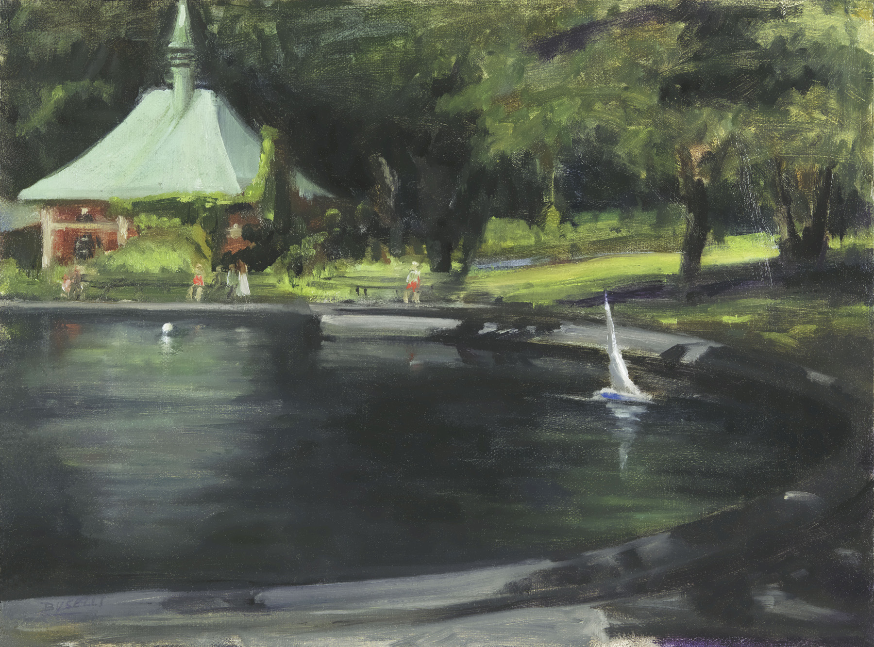  “INTO THE SHADOWS  at the BOAT POND, CENTRAL PARK, NYC”  oil on linen | 12” x 16” 