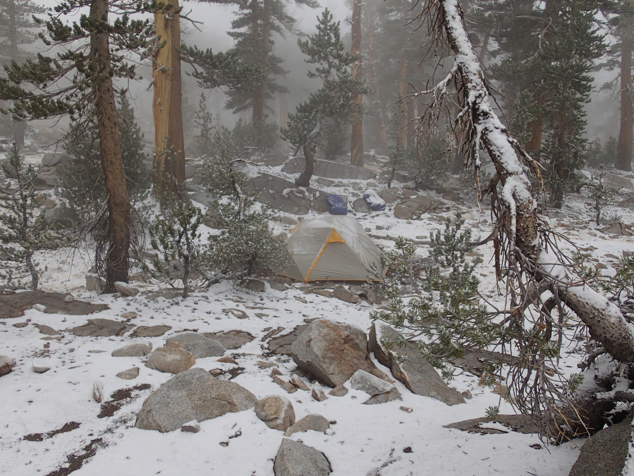 Snowy tent near Bench Lake