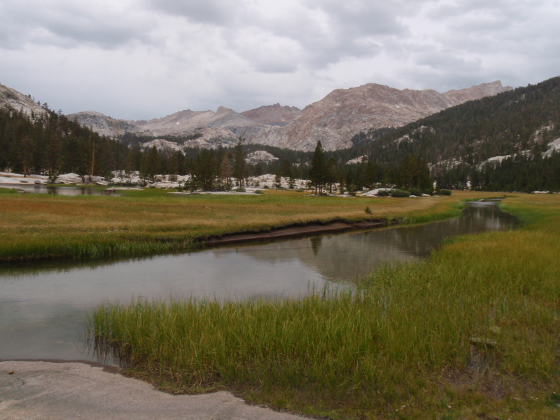 View towards Colby Pass from Gallats "Lake" along the Kern-Kaweah River as storm clouds build