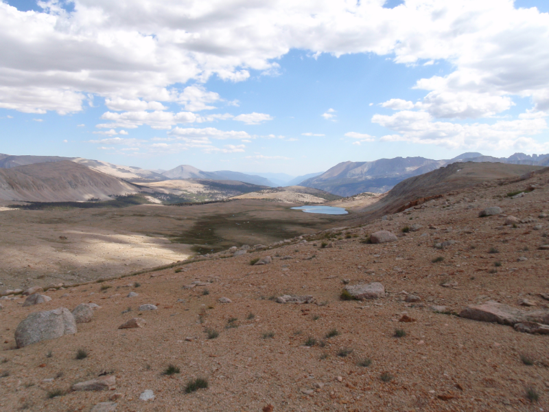 View south from final climb into Upper Kern Basin, with "infinity tarn" visible in the distance