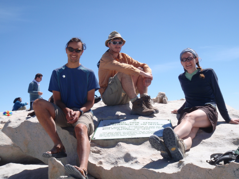 Andrew, Mike, & Cheri on Mt. Whitney's summit at the plaque marking the terminus of both the High Sierra Trail and the John Muir Trail