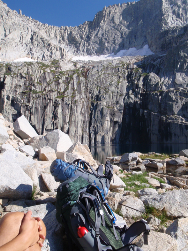 Surveying Precipice Lake and Eagle Scout Peak from our 2nd night's campsite
