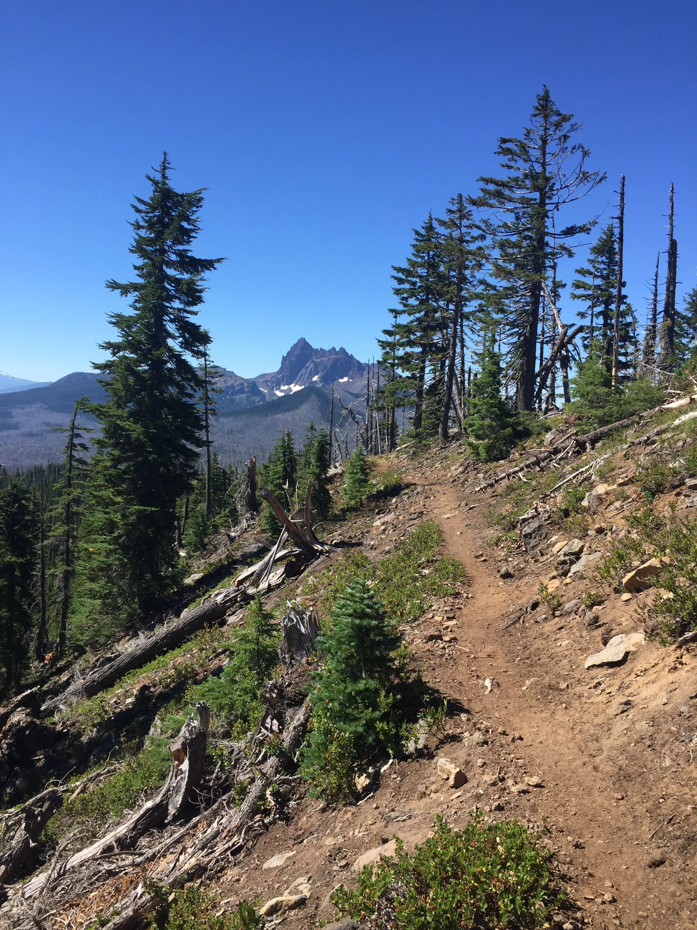 Our first clear view of 3-Fingered Jack comes after we leave Rockpile Lake