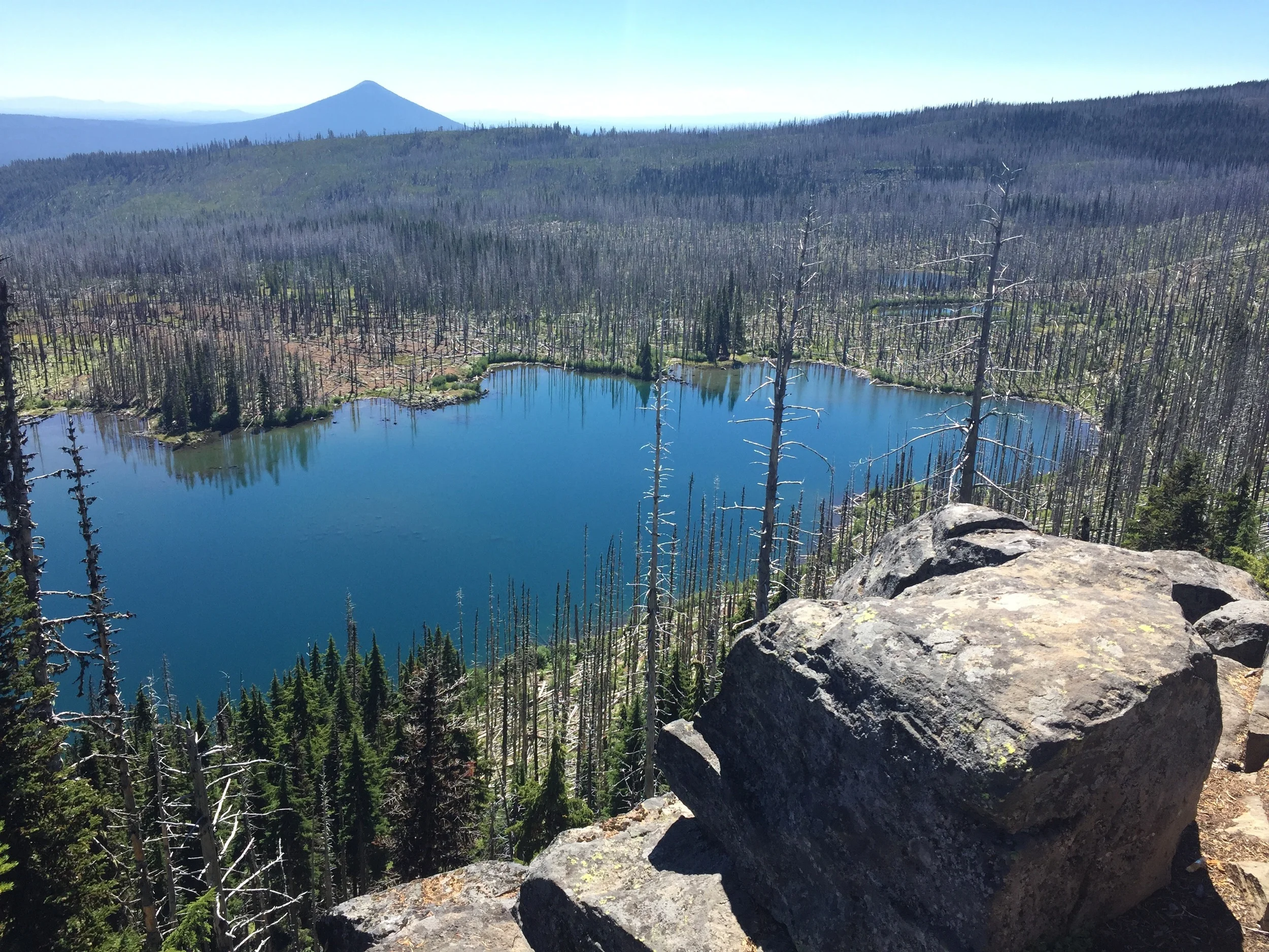 Distant Black Butte rises beyond Koko Lake, in the middle of a huge burn zone