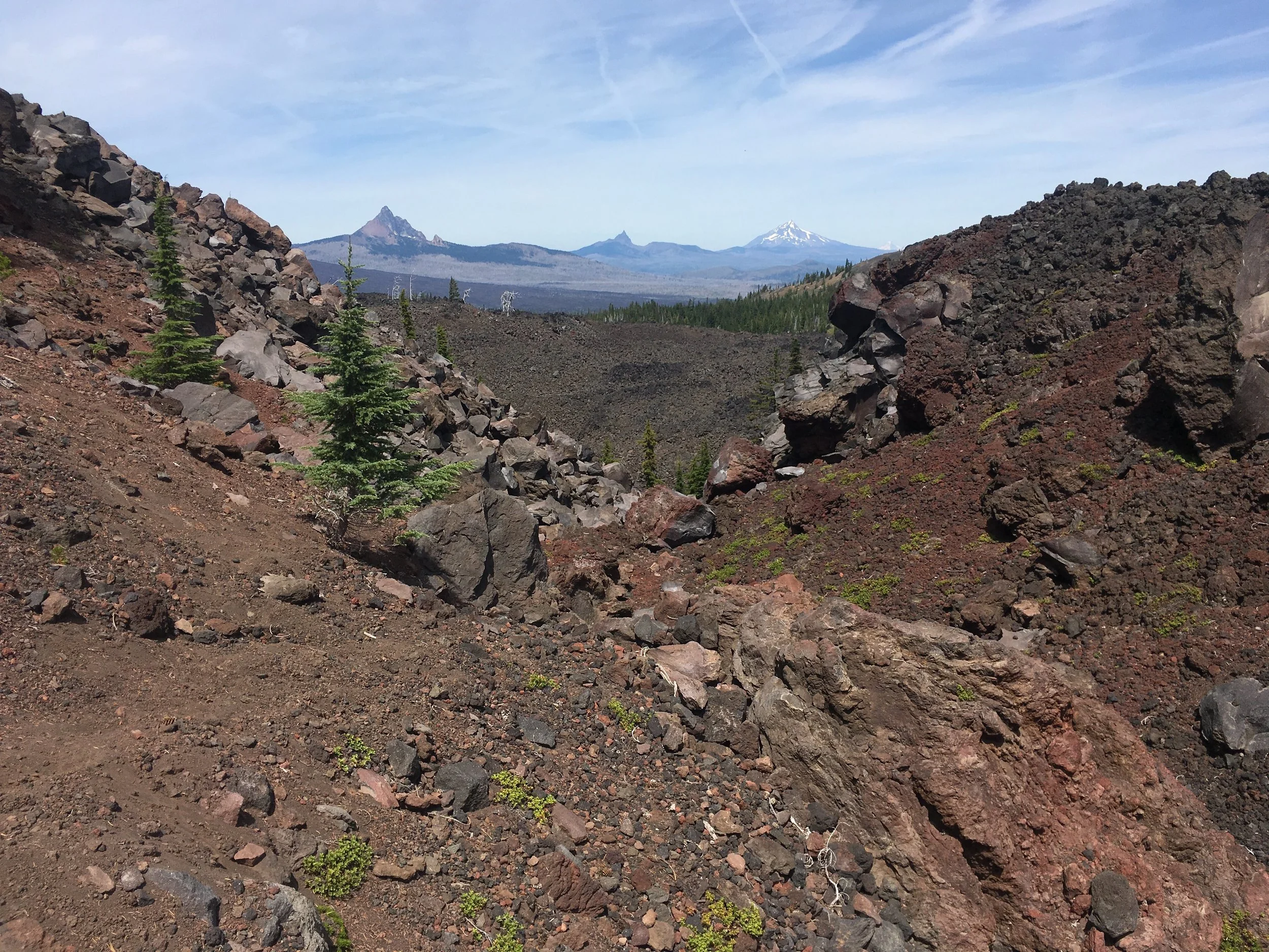 From left to right Mt. Washington, Three Fingered Jack, and Mt. Jefferson (with Mt. Hood faintly visible to his R shoulder)
