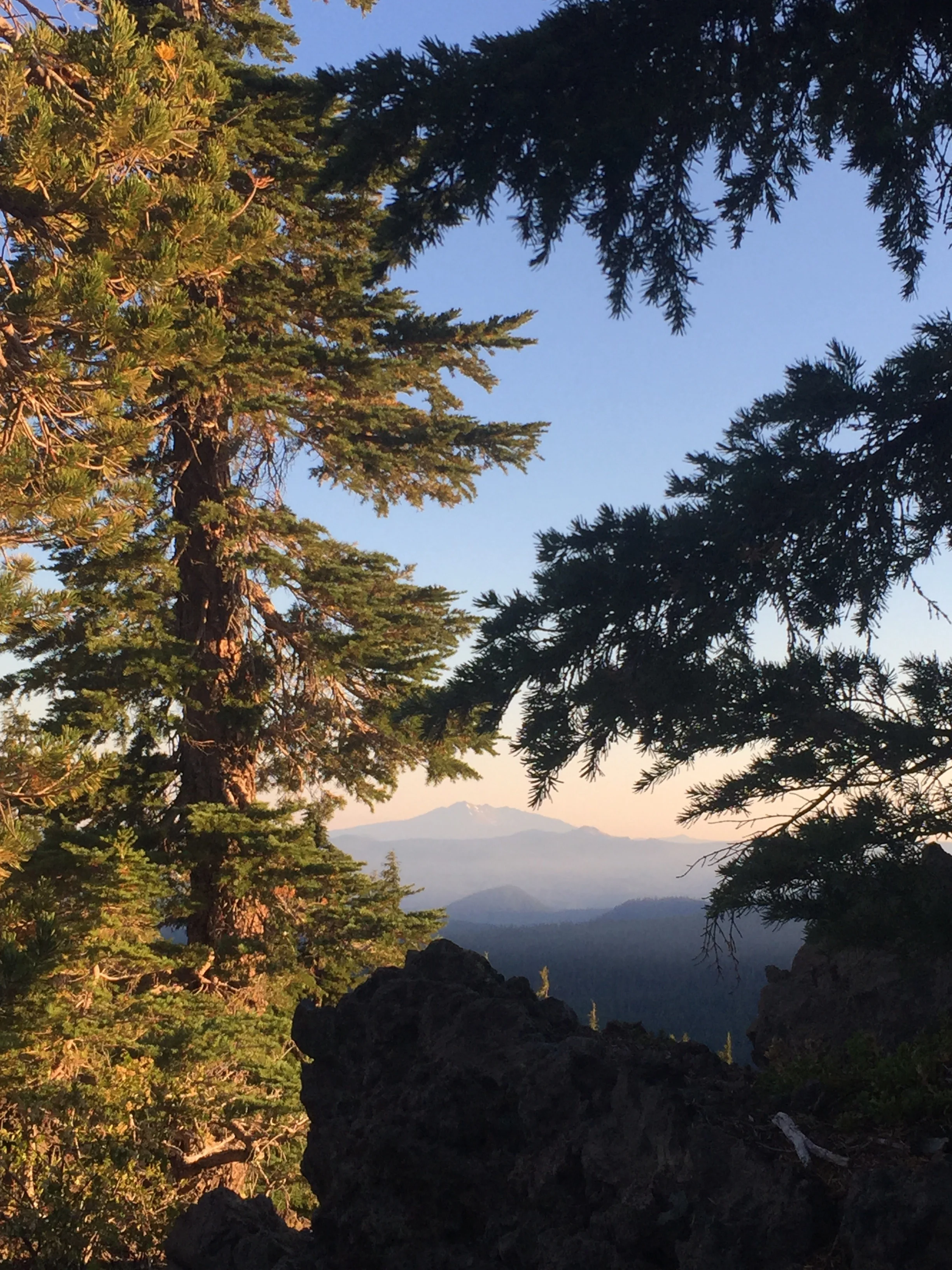 Golden hour on the ridge south of Thielsen Creek makes a perfect frame for our first views of Diamond Peak