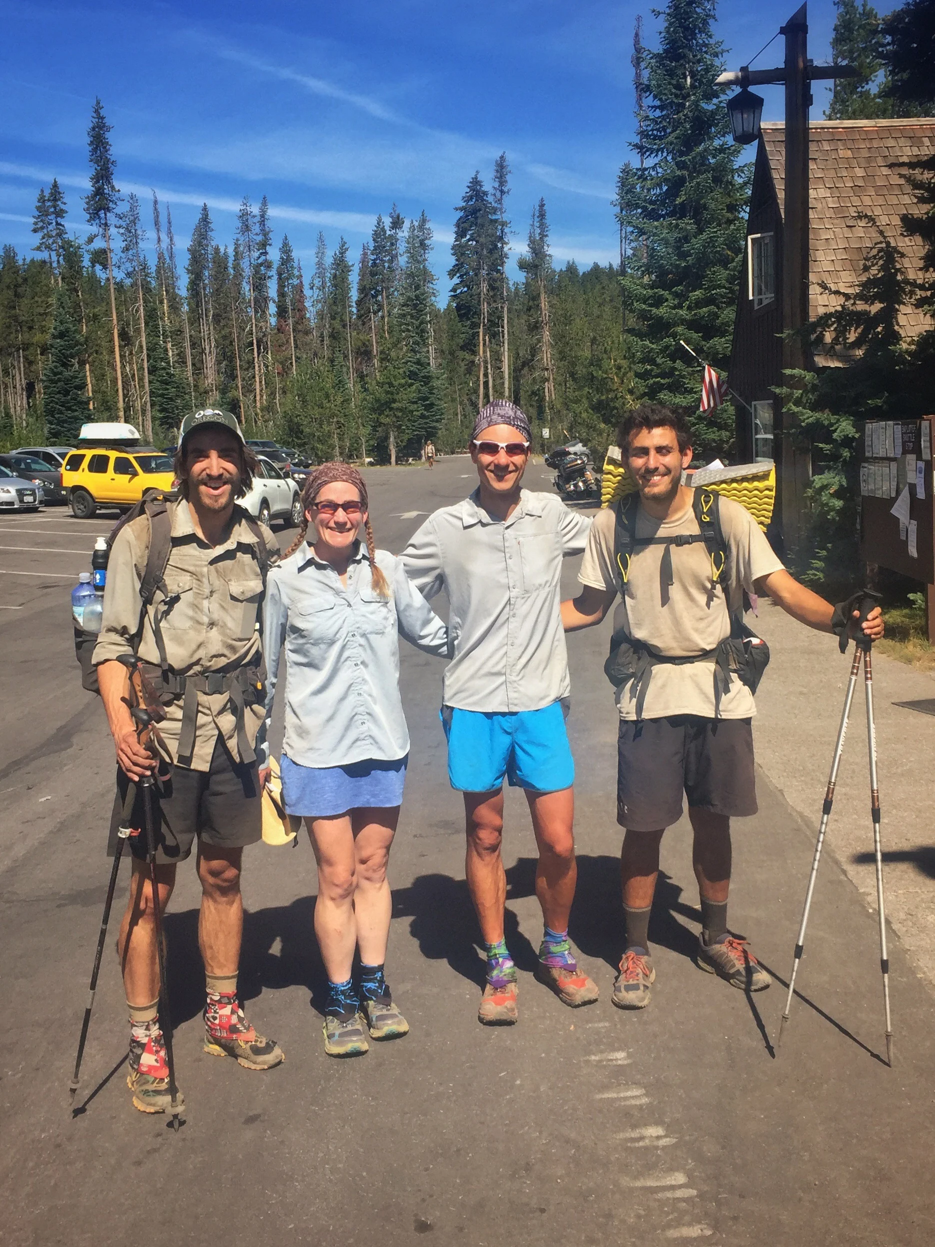 The SOBO reunion at Mazama Village. L->R: Happy Feet, Huckleberry, Macro and Delta