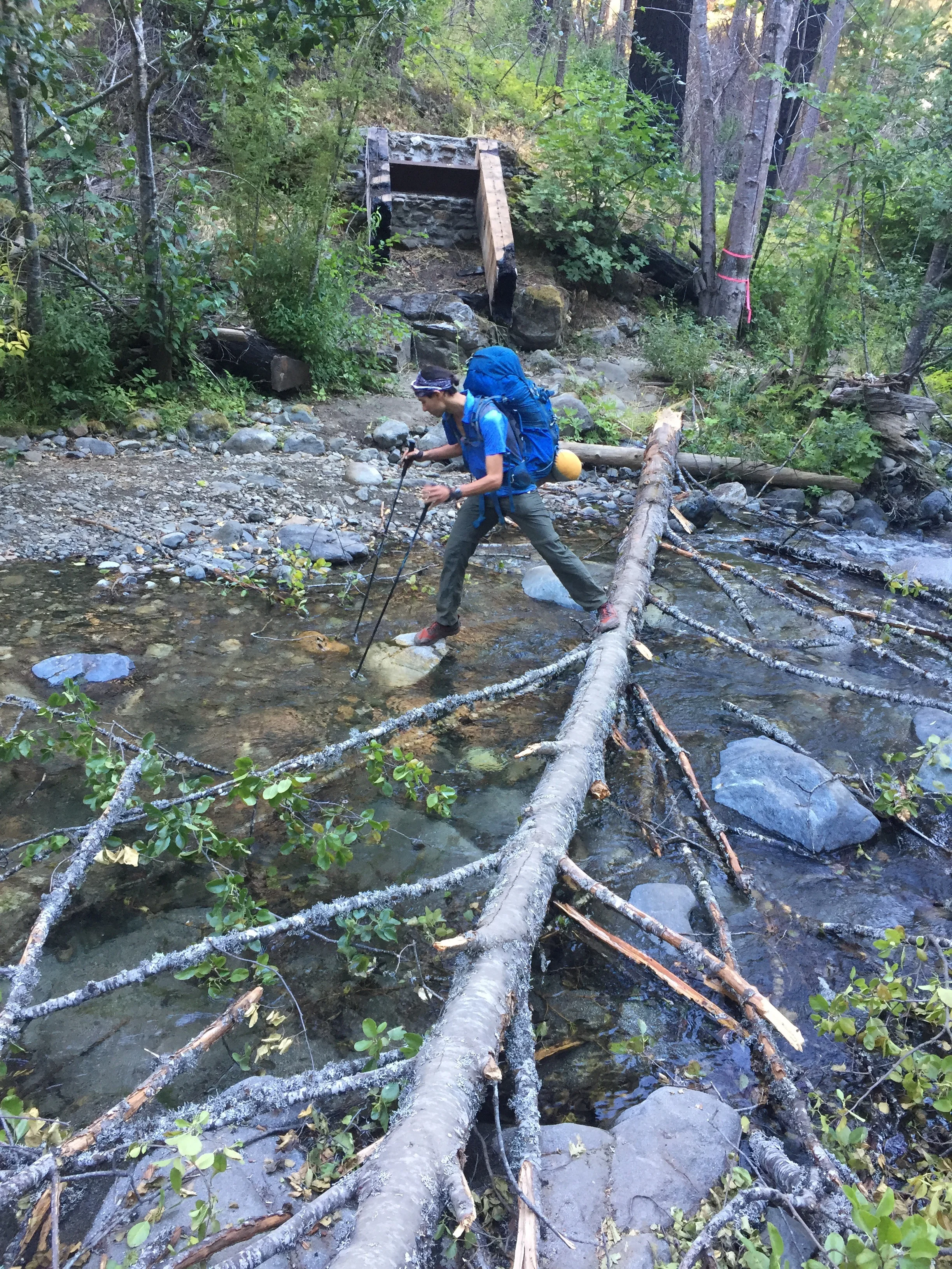 Macro abandons his first attempt at crossing Grider Creek after losing his balance. He nailed it the second try, and kept his feet dry too.