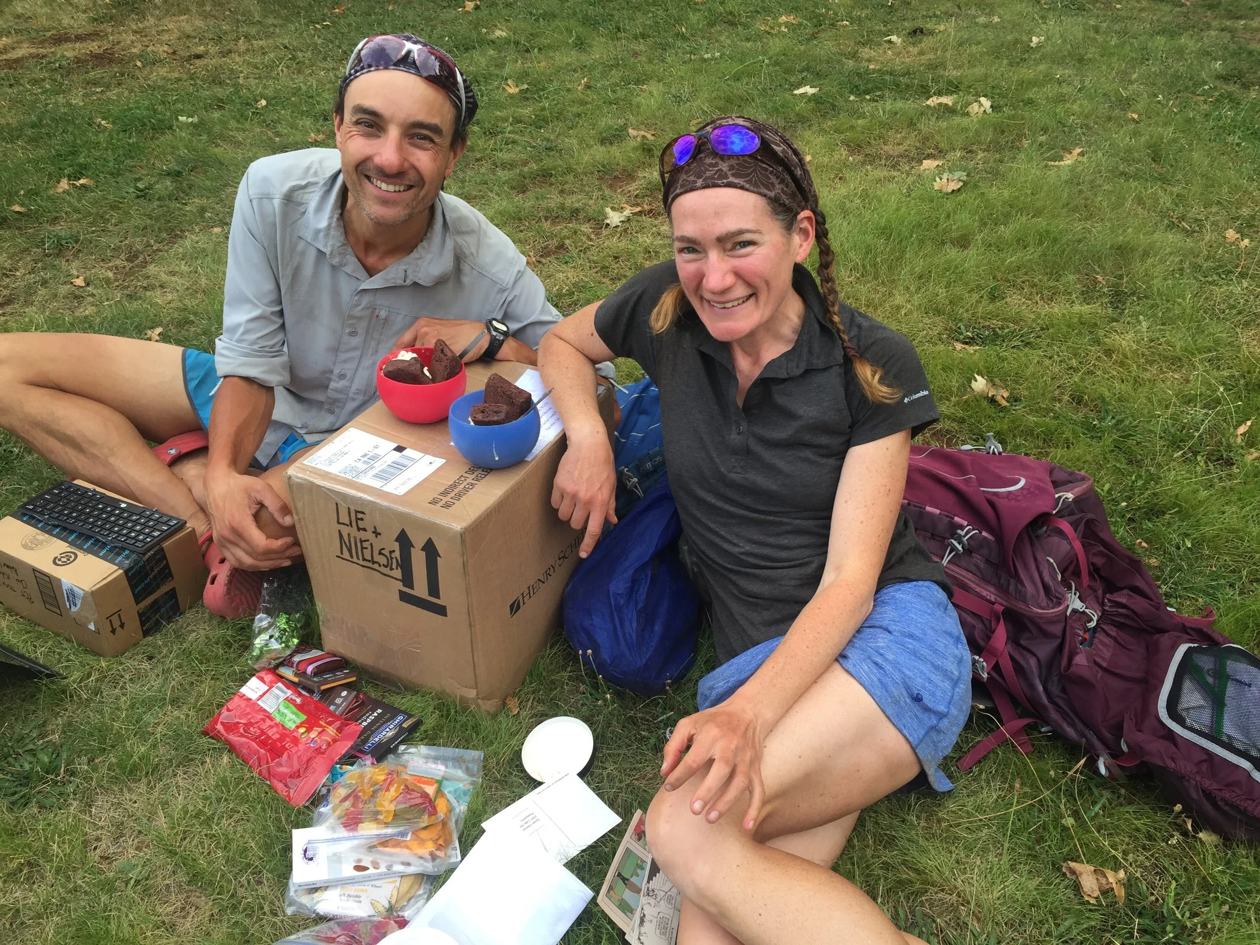 Brownies in package from friends + pint of Ben & Jerry's ice cream from convenience store + gas station lawn next to I-5 + resupply box repurposed as table + silicone bowls and titanium sporks = Very happy thru-hikers with brownie sundaes in Castella! (Not yet showered, because.... Priorities)