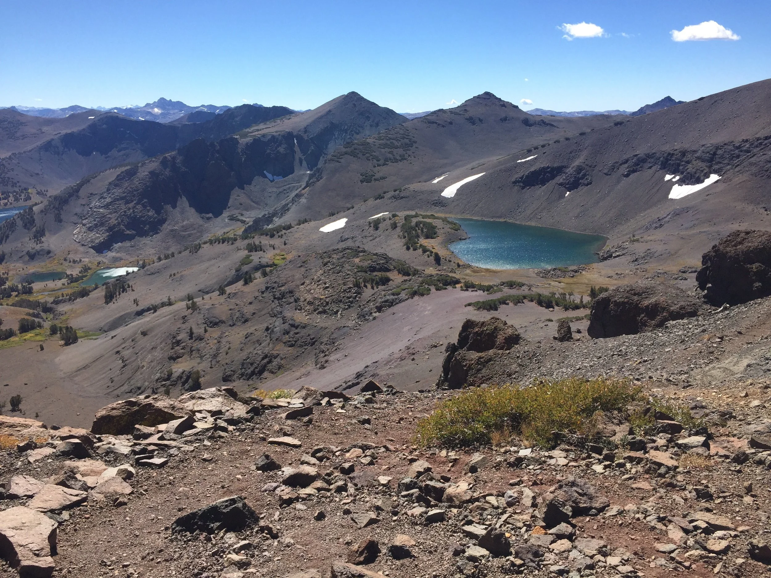 Latopie Lake and its more distant neighbors surprised us with their bright colors in an otherwise barren landscape near the Sierra crest