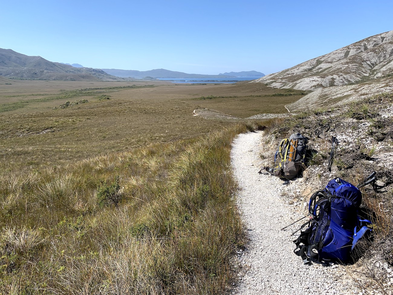 Backpacks on trail with Freney Lagoon in distance.jpg