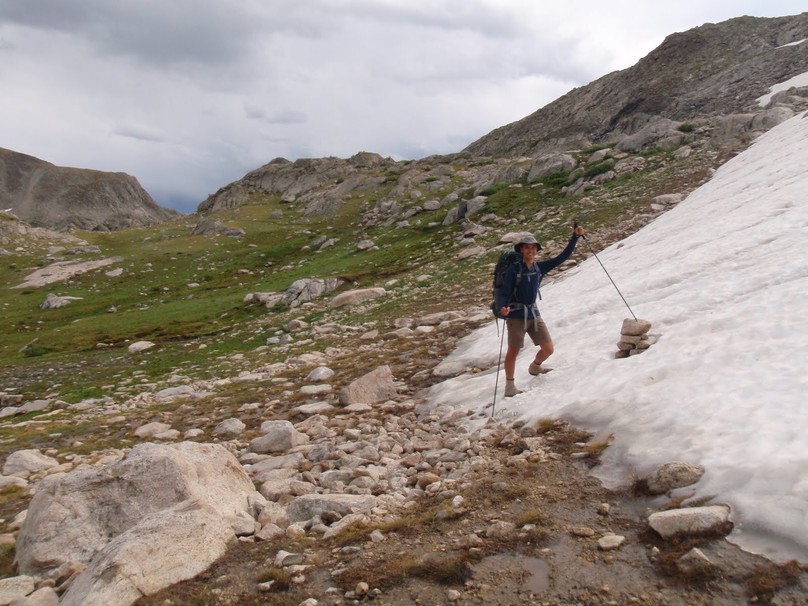 Snowbound cairn nearing Mt Baldy Pass