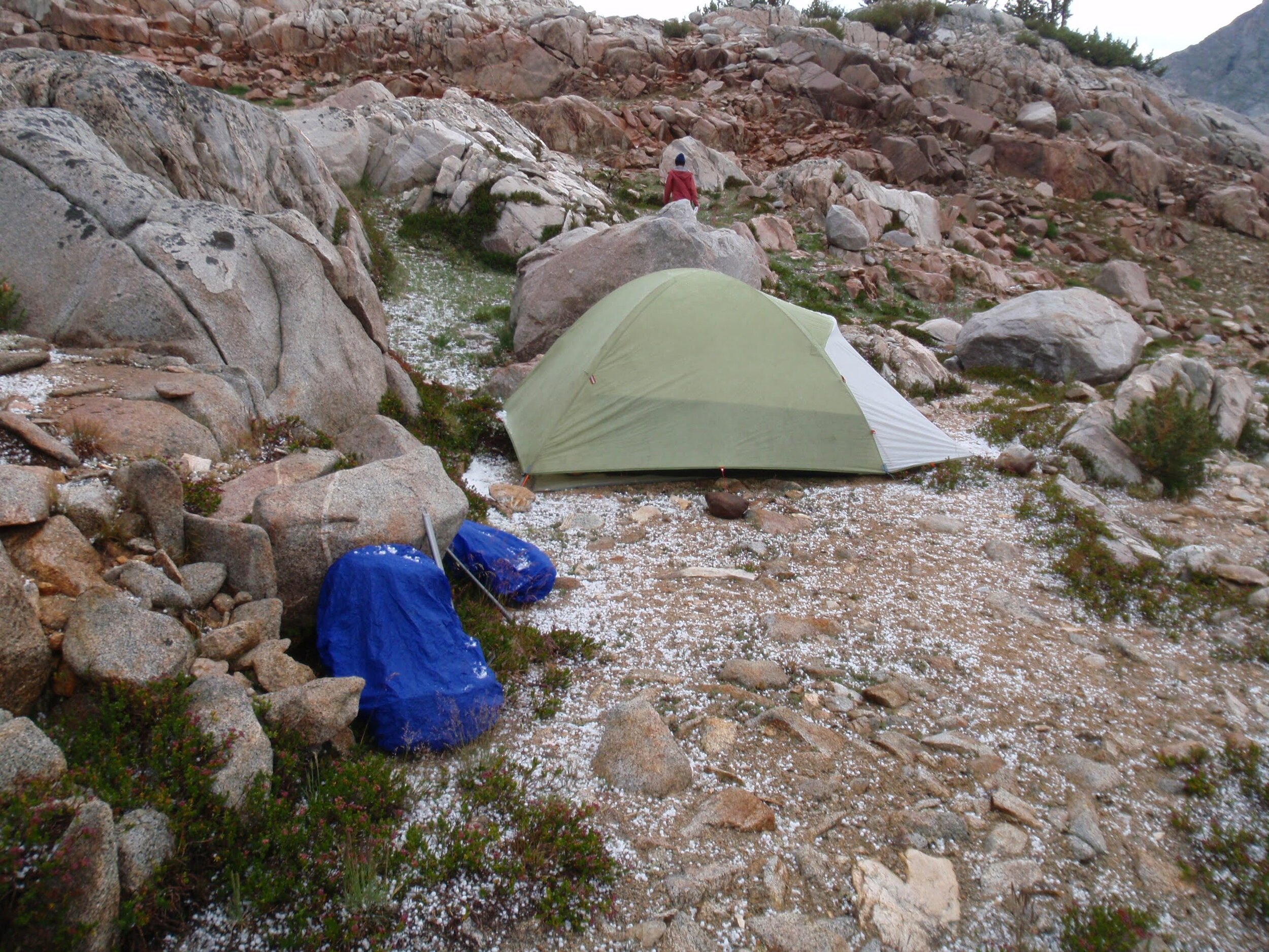 Hail! at Lake Merriam overlook camp