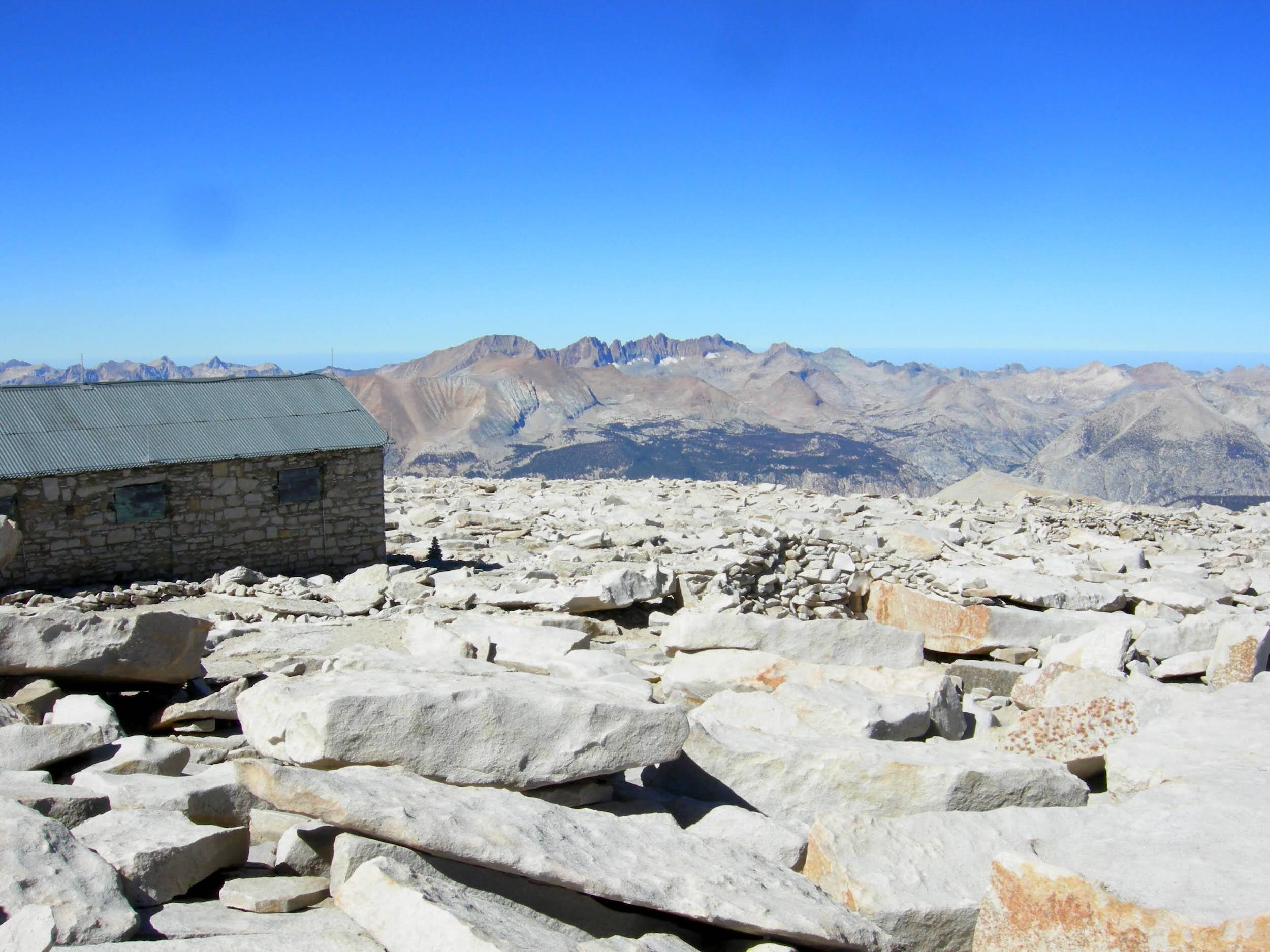 Mt. Whitney summit hut and the distant Kaweahs