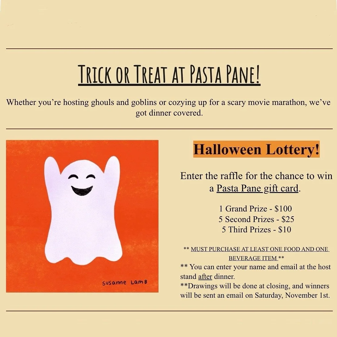 #pastapane 

On Halloween night ONLY! 👻
We&rsquo;ll see you tomorrow 🎃

#cliftonparkrestaurants #saratogaliving #discoversaratoga #saratogaspringseats #518eats #518foodies #capitalregion #capitalregionfoodies #upstateny #looklocalfirst #halloweenfu