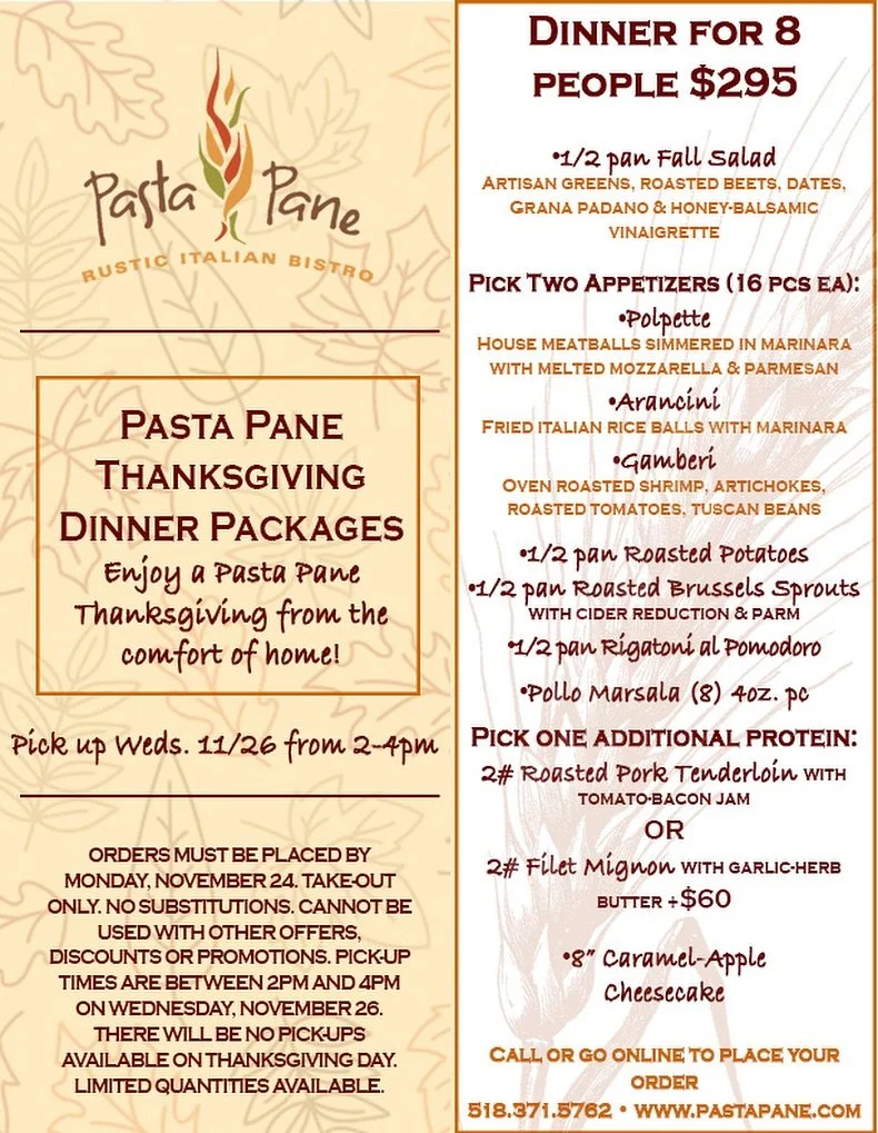 #pastapane 
Celebrate Thanksgiving the rustic Italian way. 🧡
￼
Pasta Pane&rsquo;s Thanksgiving Dinner Package is now available to order! 🍽️✨
Limited quantities, reserve yours today. 
￼
Call or Place order online 
~ LINK IN BIO ~ 🦃

#ThanksgivingTo