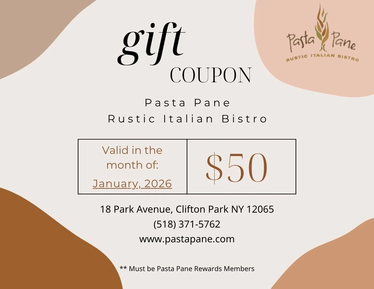 #pastapane 

Give the gift of good taste this season 🎁

When you purchase $100 in Pasta Pane gift cards between now and December 31st, you&rsquo;ll receive a $50 coupon added right to your Pasta Pane Loyalty Rewards account.
Check link in bio to sig