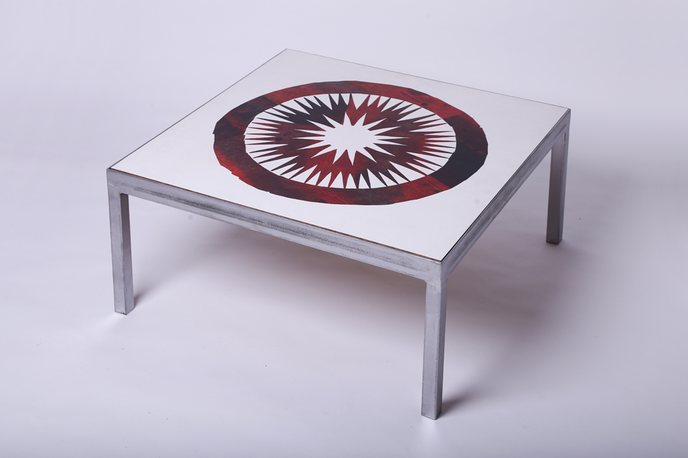 Red circle newspaper table - surface art by Peter Blake