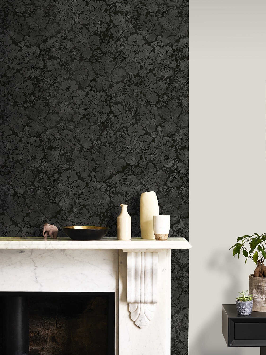 Cranford Damask Onyx Black Wallpaper Mural