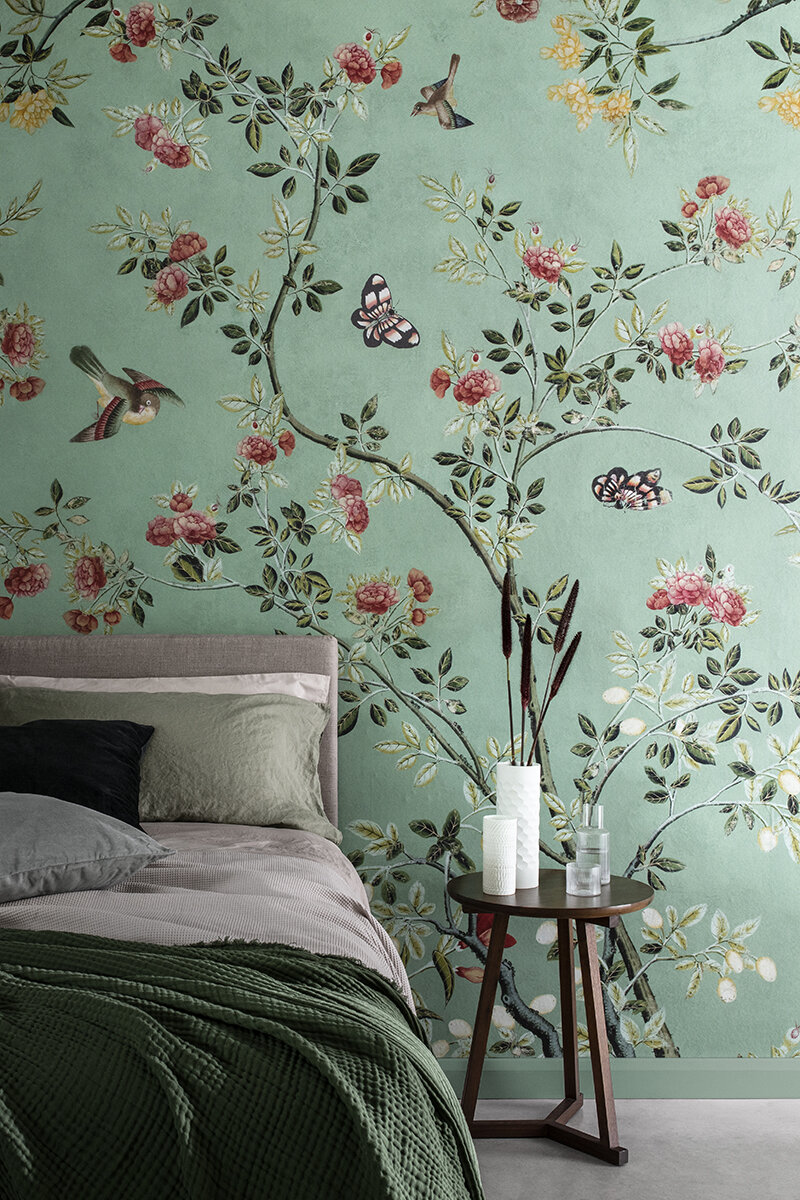 Camellia Chinoiserie Jade Green Wallpaper Mural