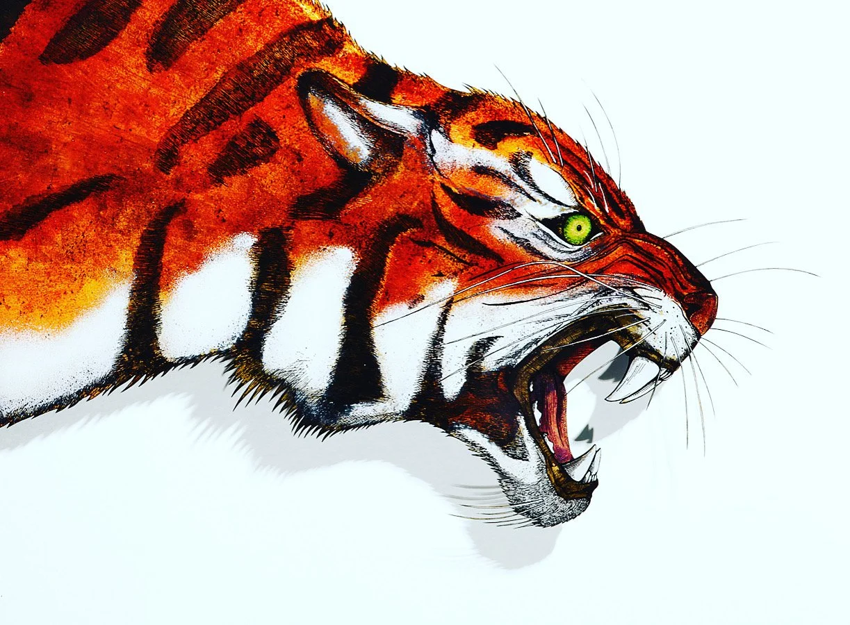 Verre-églomisé artwork of a tiger, showing a close-up of its face, reverse-painted on glass