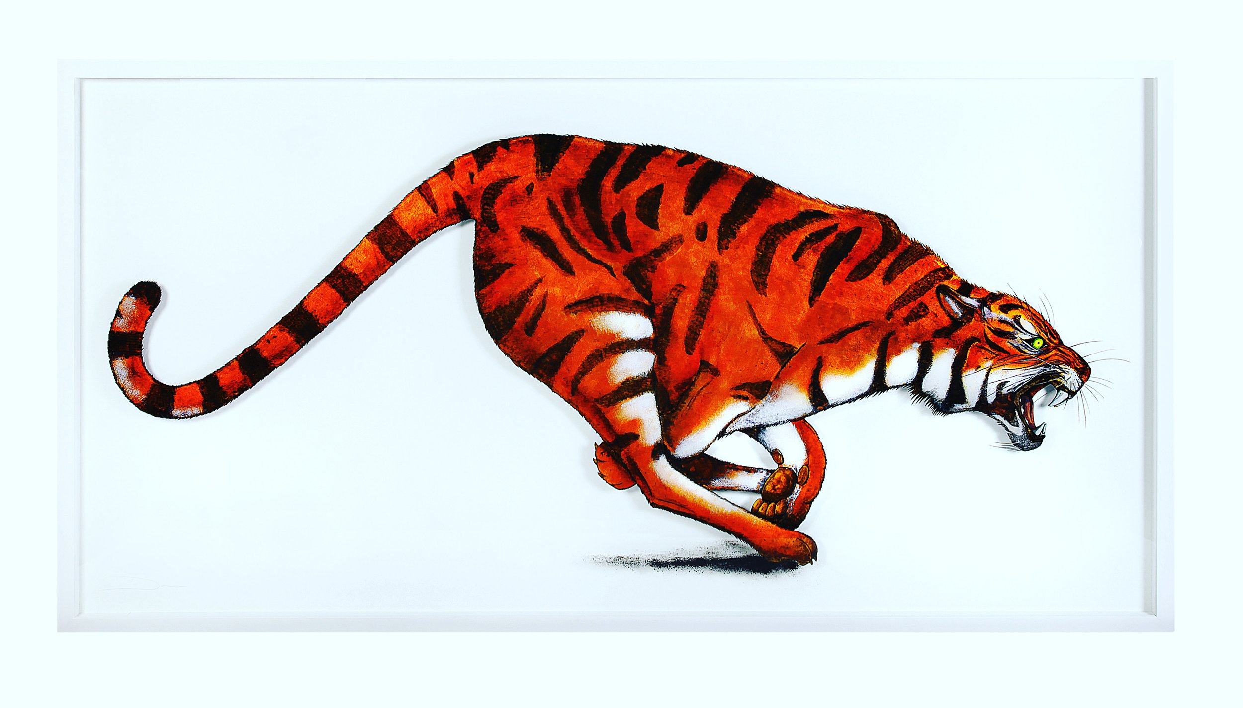 Verre-églomisé artwork of a tiger walking, reverse-painted and gilded on glass