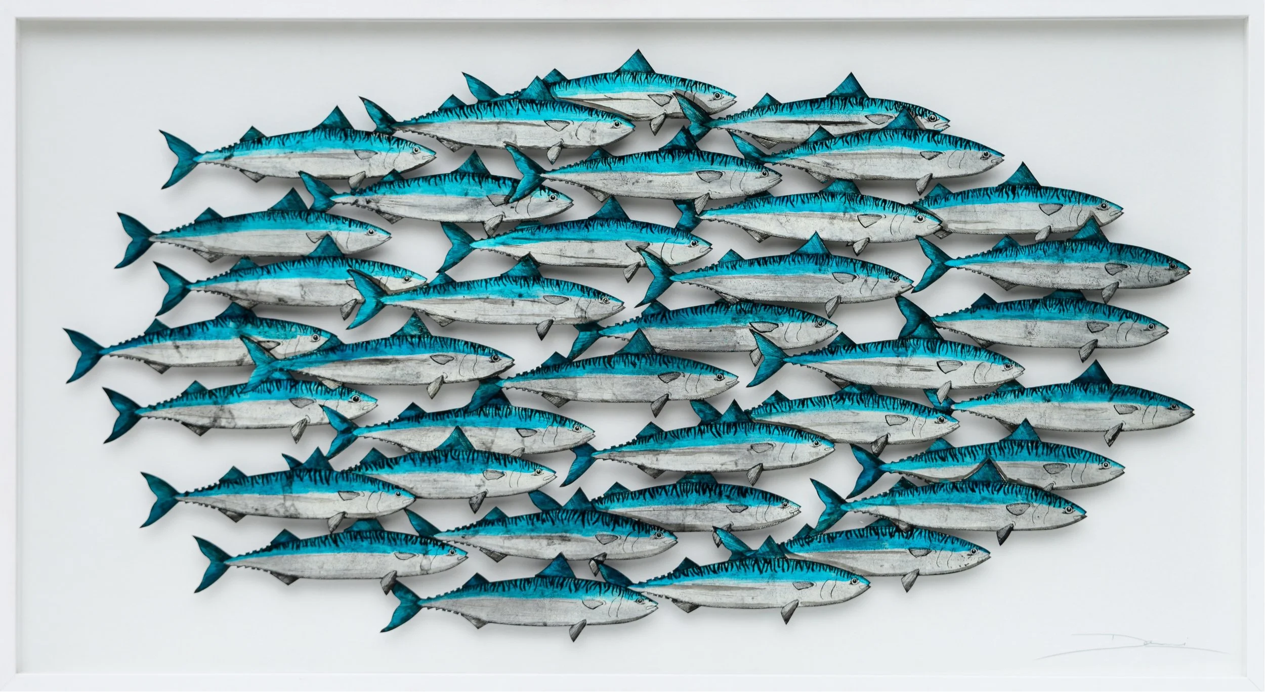 Verre-églomisé artwork of a large shoal of blue and silver fish, reverse-painted on glass