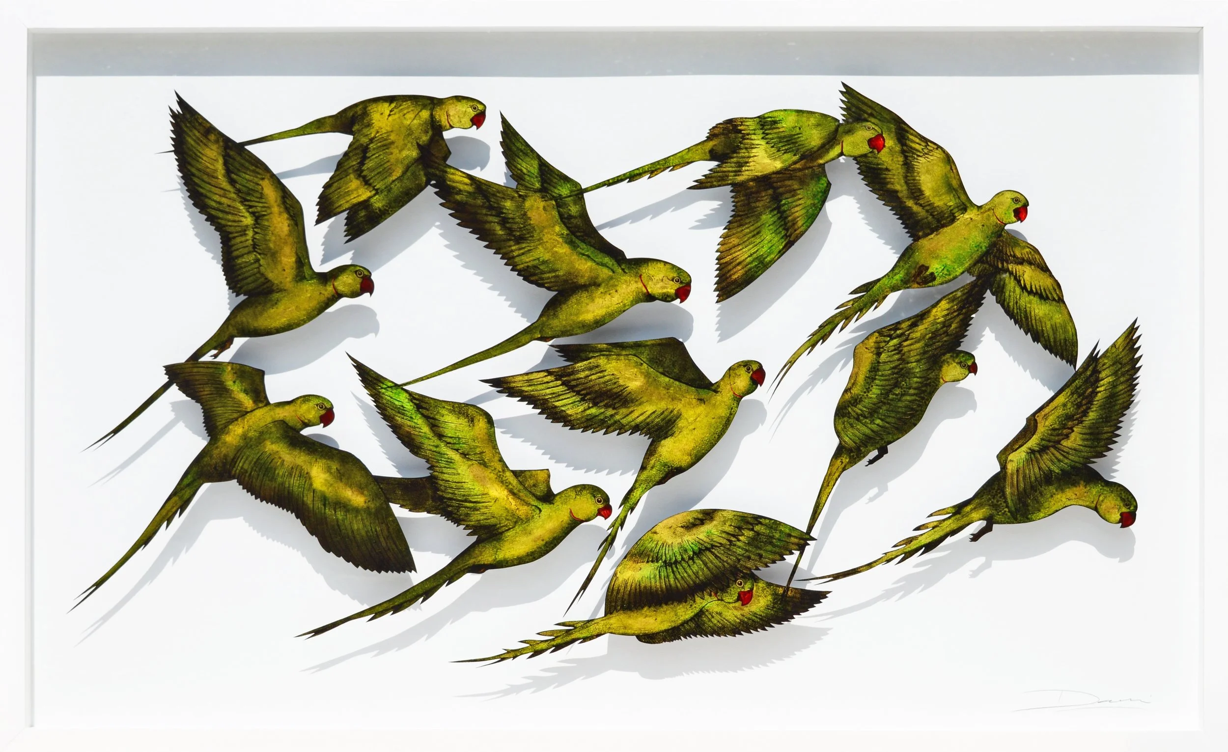 Verre-églomisé artwork of parakeets in flight, reverse-painted and gilded on glass