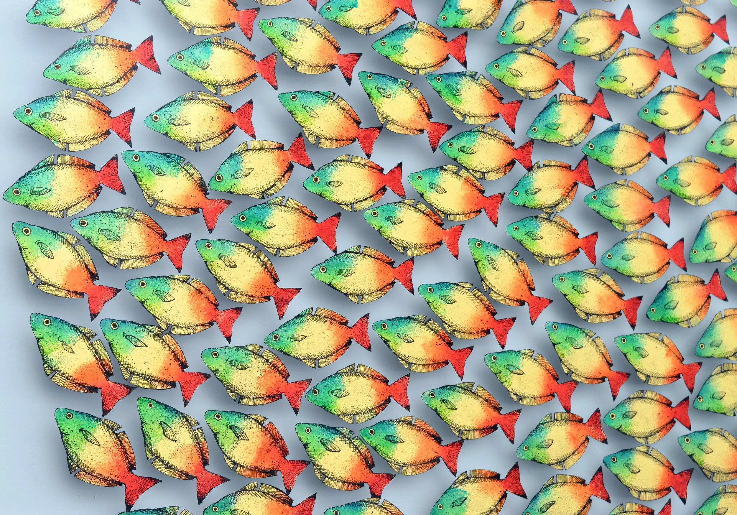 Verre-églomisé artwork of colourful tropical fish, reverse-painted on glass