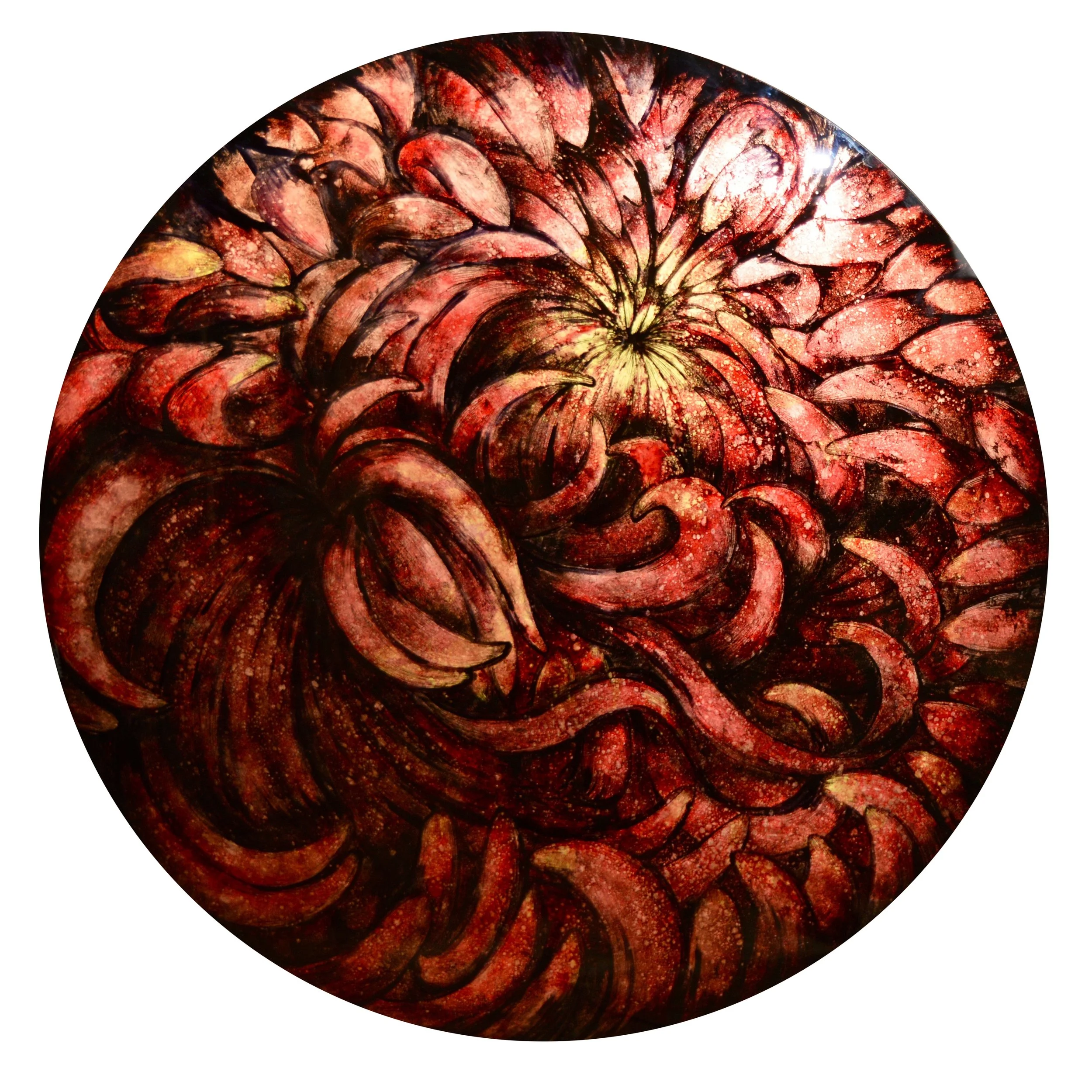 Circular Verre-églomisé artwork depicting an abstract flower in copper and gold tones
