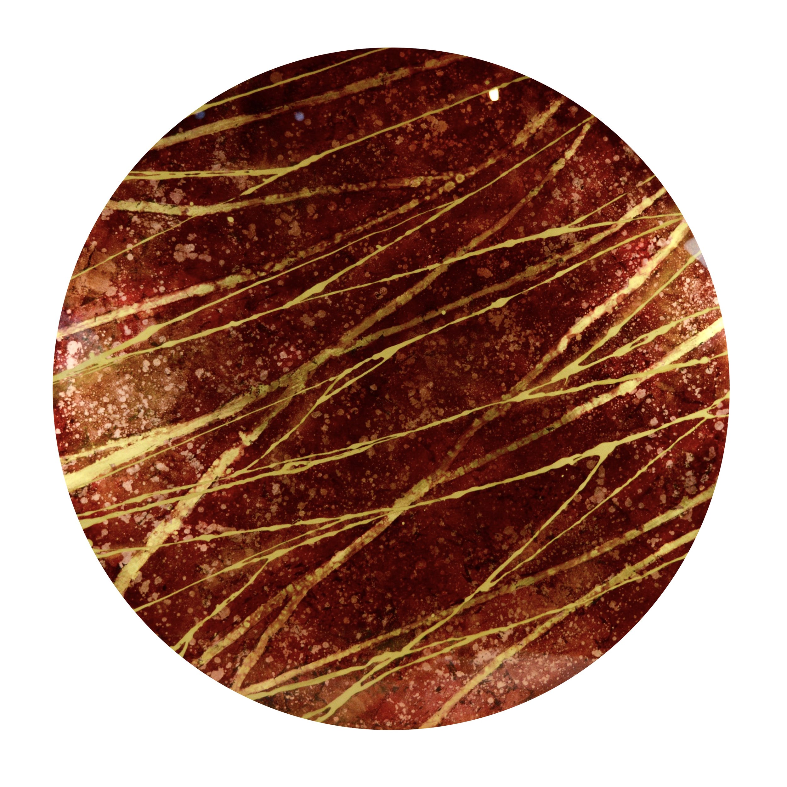Circular abstract Verre-églomisé artwork with red glass and fine gold gilding