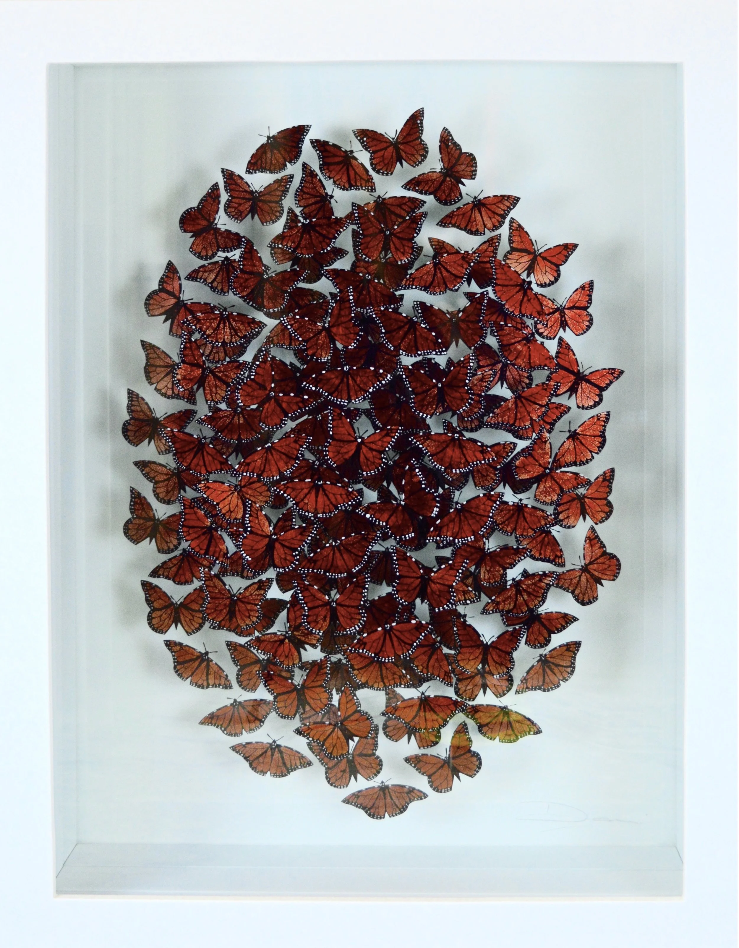 Verre-églomisé artwork depicting a collection of red butterflies, reverse-painted and gilded on glass