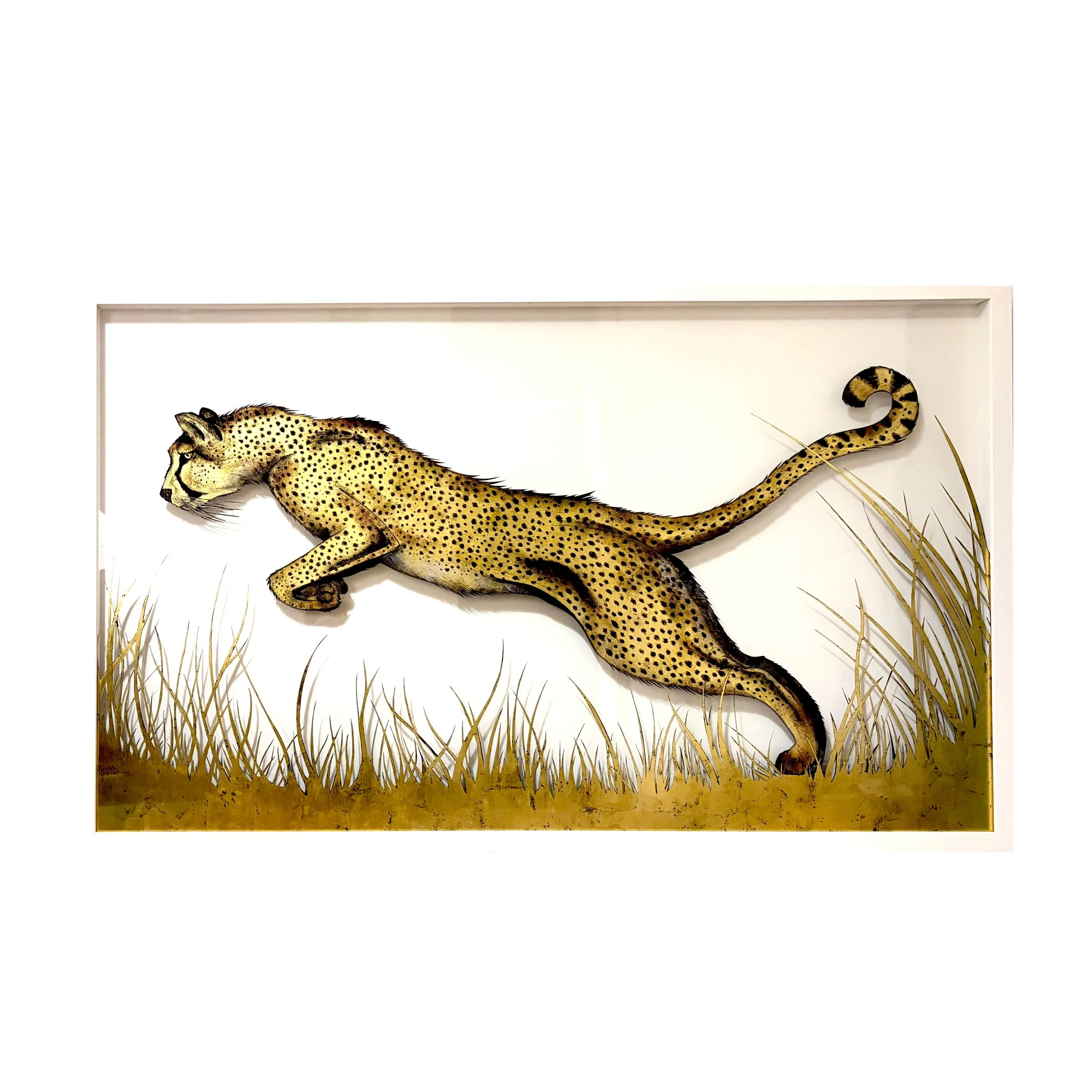 Verre-églomisé artwork of a running cheetah among grasses, gilded on glass