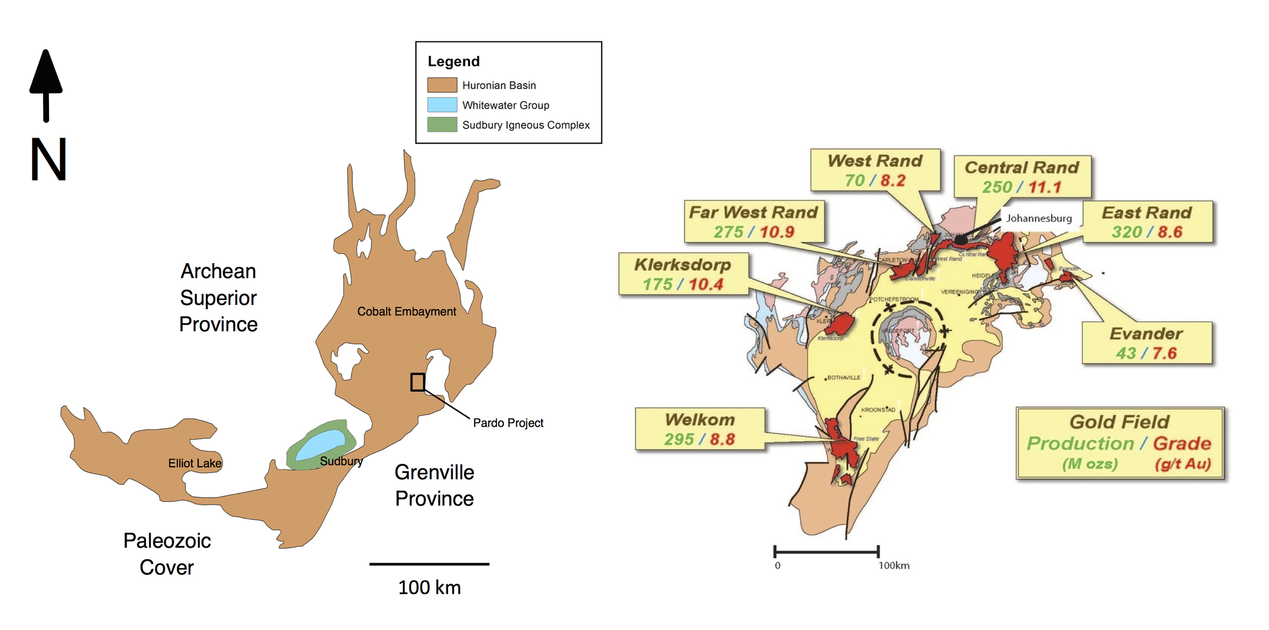 Figure 3. Size comparison between the Huronian (left) and Witwatersrand basin (right). 