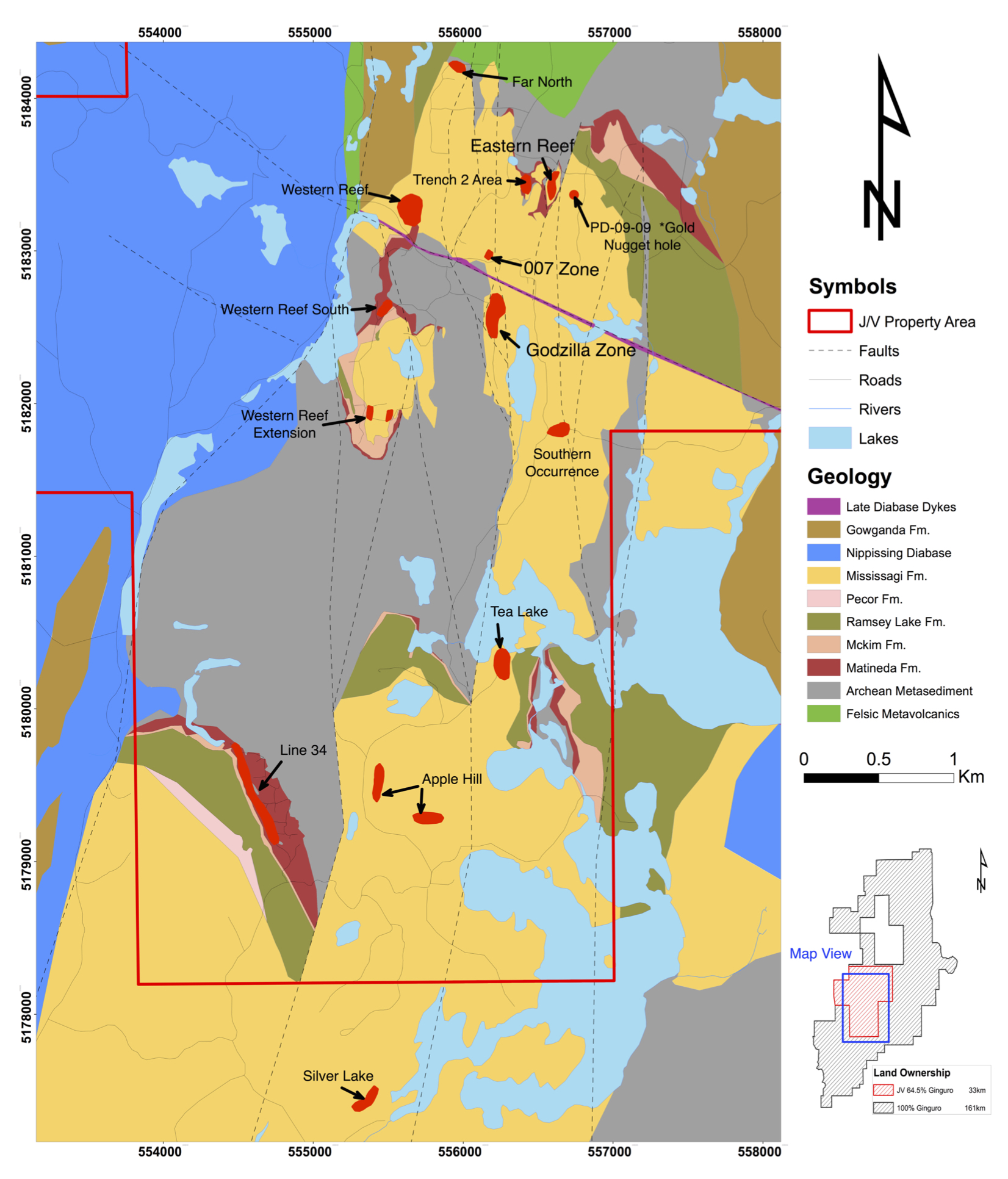 Figure 5. Property geology illustrating discovered surface showings of the gold bearing conglomerate reefs 