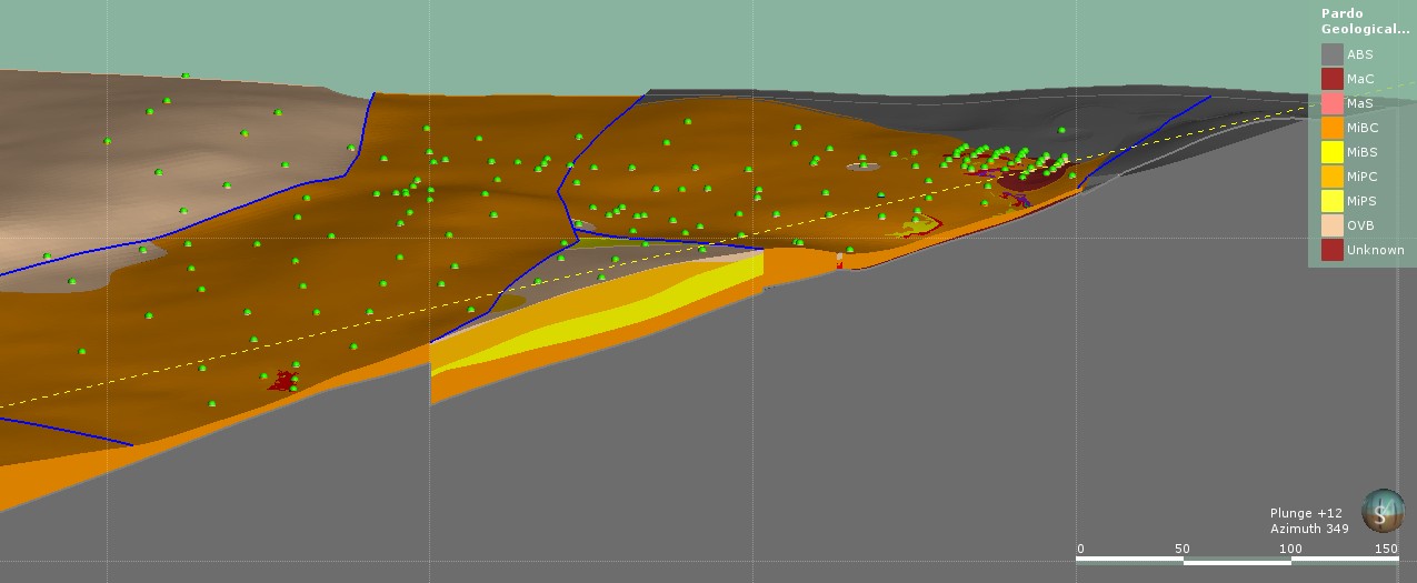 MiBC hosts most of the mineralization, with a minor amount in MaC (isometric projection)